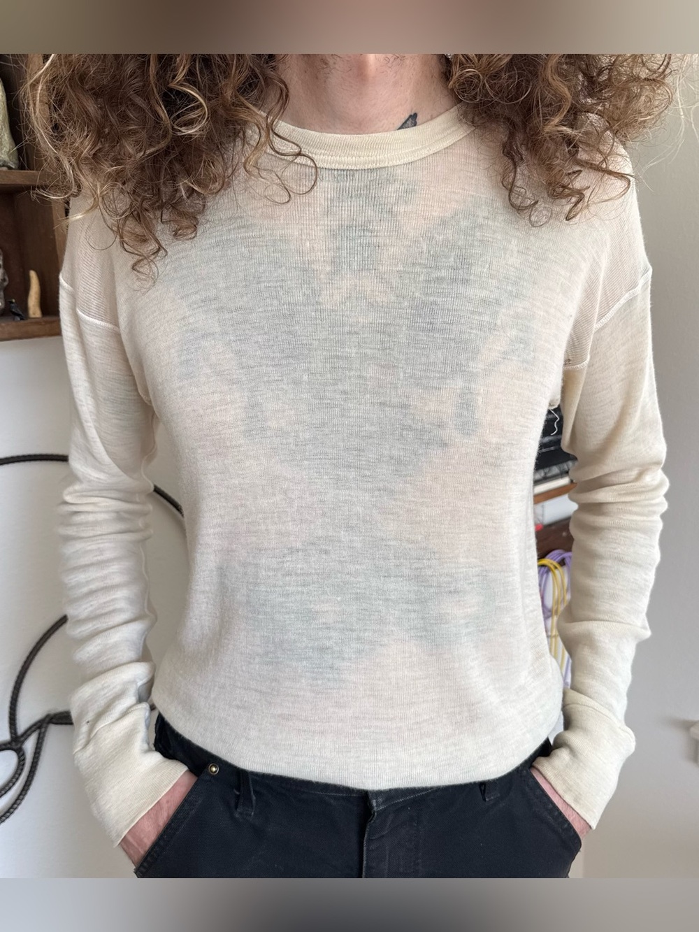 Vintage 70s Wool Semi Sheer Distressed Cream Knit Thermal ~ Size Medium